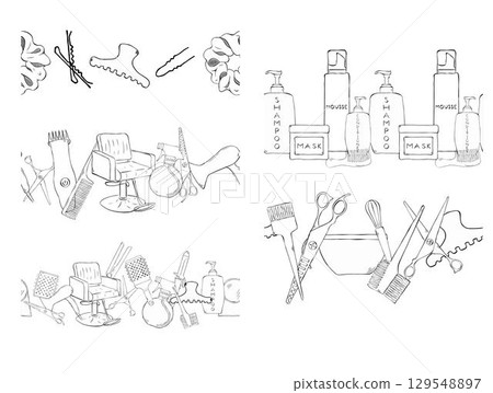 hair cut barber salon Seamless horizontal border set of sketch equipment for styling and hair care. Vector graphic line ink template illustration. Place for your text, logo hair cut barber salon Seamless horizontal border set of sketch equipment for styling and hair care. Vector graphic line ink template illustration. Place for your text, logo 129548897