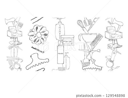 Hair salon Seamless vertical borders of line equipment for styling and hair care. hair cut barber salon Vector graphic line ink template illustration. Place for your text, logo 129548898