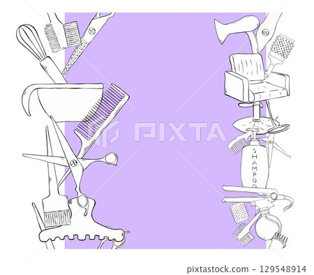 Hair color Salon cut and color seamless vertical border frame template. Vector graphic line ink illustration. background for banners, print for fabric, labels, t-shirt printing. 129548914