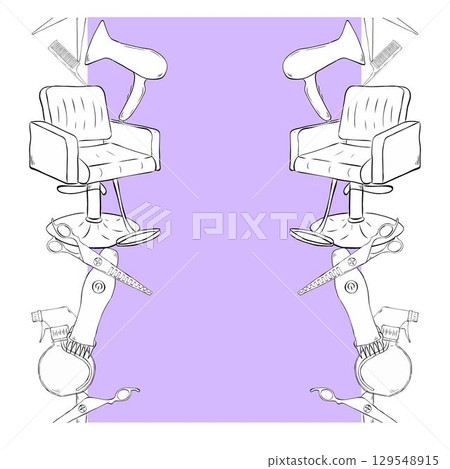 Hair salon objects, symbols and items frame template seamless vertical border. Vector graphic line ink illustration. Banner, poster, wrapping paper, sticker, print, modern textile design. Hair salon objects, symbols and items frame template seamless vertical border. Vector graphic line ink illustration. Banner, poster, wrapping paper, sticker, print, modern textile design. 129548915