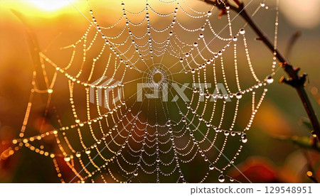 A spider web is covered in dew drops, creating a beautiful and serene scene. The spider web is a symbol of the delicate balance of nature and the interconnectedness of all living things 129548951