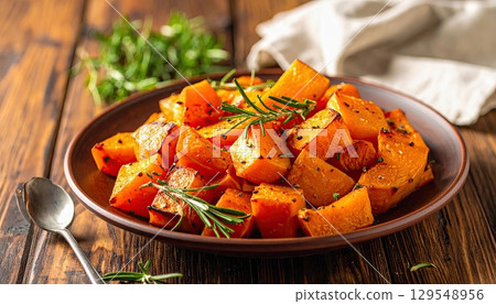 A plate of roasted vegetables with rosemary on top. The plate is on a wooden table. The vegetables are cut into small pieces and are arranged in a way that they look appetizing 129548956
