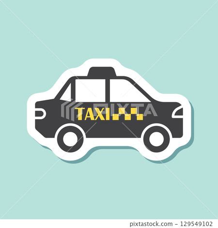 Taxi car service sticker icon in flat style. Cab vector illustration on isolated background. Delivery company sign business concept. Taxi car service sticker icon in flat style. Cab vector illustration on isolated background. Delivery company sign business concept. 129549102