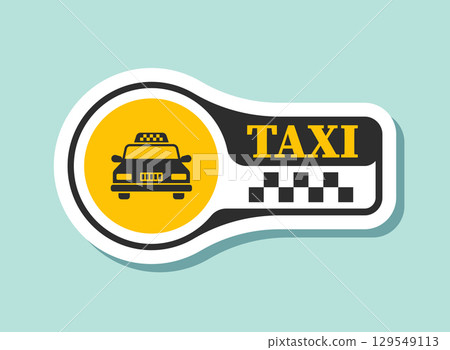Taxi service sticker icon in flat style. Cab vector illustration on isolated background. Delivery company sign business concept. 129549113
