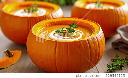 Three orange bowls filled with soup and herbs. The bowls are placed on a wooden table. The soup is garnished with parsley and other herbs 129549125