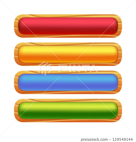 Wooden game button, menu interface made of wood textured boards with ropes and vines. ui or gui graphic design element. Isolated bar and key for app user panel, Cartoon 2d vector icon Wooden game button, menu interface made of wood textured boards with ropes and vines. ui or gui graphic design element. Isolated bar and key for app user panel, Cartoon 2d vector icon 129549144