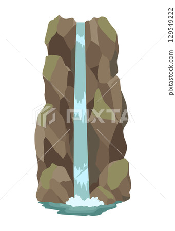 Cartoon river waterfall. Landscape with mountains and trees. Design element for travel brochure or illustration mobile game. Fresh natural water 129549222