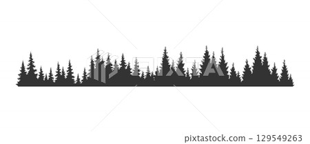 Fir trees silhouette. Coniferous spruce horizontal background pattern, black evergreen woods vector illustration. Beautiful hand drawn panorama of coniferous forest 129549263