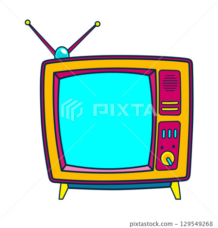 Comic retro tv icon in pop art retro comic style. Cartoon vintage 70s, 80s television. Vector illustration Comic retro tv icon in pop art retro comic style. Cartoon vintage 70s, 80s television. Vector illustration 129549268