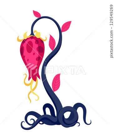 Carnivorous plant in fantasy design. Cartoon flytrap in pot, plant monster. Vector flower predator with teeth isolated on white background 129549269