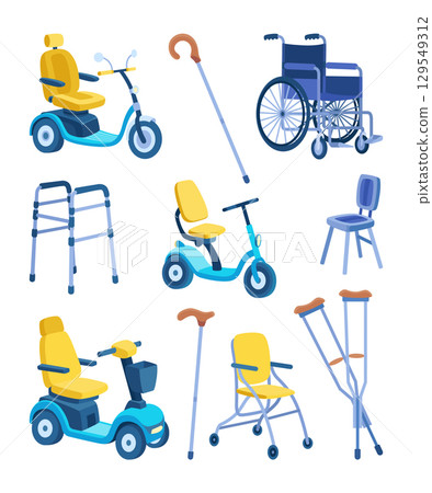 Orthopedic accessories for people with restricted abilities, handicapped, disabled people, elderly. Orthopedic equipment cane crutches walkers wheelchair scooter bicycle pedal trainer vector Orthopedic accessories for people with restricted abilities, handicapped, disabled people, elderly. Orthopedic equipment cane crutches walkers wheelchair scooter bicycle pedal trainer vector 129549312