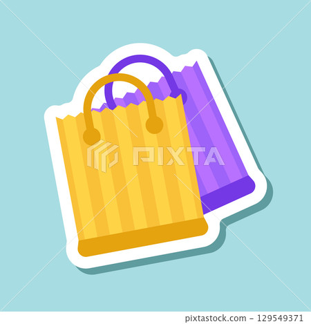 Shopping bag packing sticker icon in flat style. Package vector illustration on isolated background. Purchase sign business concept. Shopping bag packing sticker icon in flat style. Package vector illustration on isolated background. Purchase sign business concept. 129549371