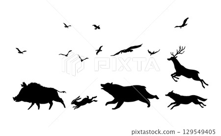 Silhouettes of Wildlife Boar, Deer, Fox, and Birds in Motion 129549405