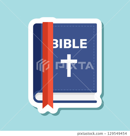 Holy bible sticker icon in flat style. Christianity book vector illustration on isolated background. Religion sign business concept. 129549454