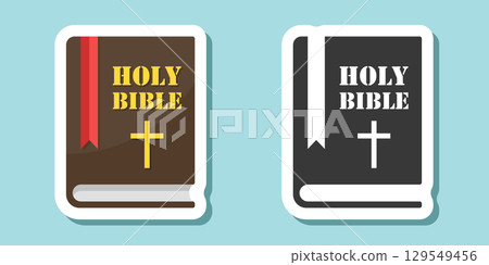 Holy bible sticker icon in flat style. Christianity book vector illustration on isolated background. Religion sign business concept. 129549456