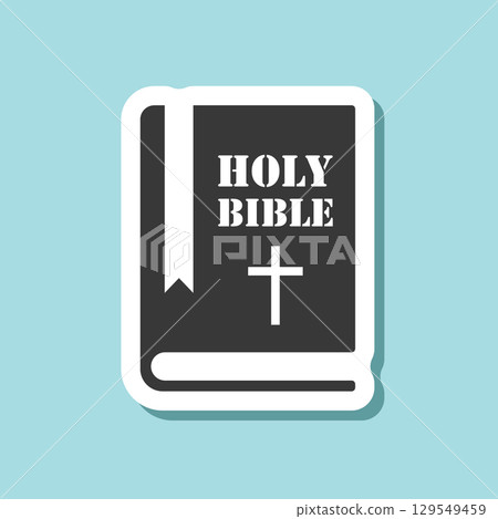 Holy bible sticker icon in flat style. Christianity book vector illustration on isolated background. Religion sign business concept. 129549459