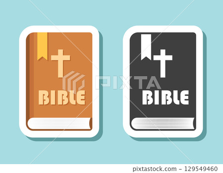 Holy bible sticker icon in flat style. Christianity book vector illustration on isolated background. Religion sign business concept. 129549460