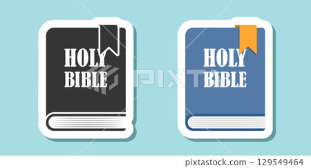 Holy bible sticker icon in flat style. Christianity book vector illustration on isolated background. Religion sign business concept. 129549464