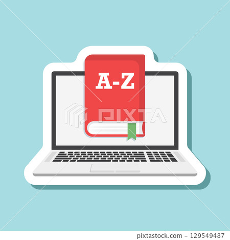 Glossary book sticker icon in flat style. Guidebook encyclopedia vector illustration on isolated background. A-Z notebook sign business concept. Glossary book sticker icon in flat style. Guidebook encyclopedia vector illustration on isolated background. A-Z notebook sign business concept. 129549487
