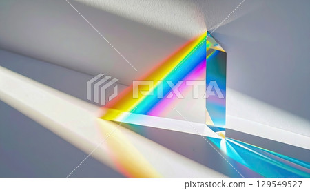 A rainbow is reflected in a triangular prism. The prism is positioned in such a way that it casts a rainbow on the wall. Concept of wonder and beauty, as the rainbow is a symbol of hope and positivity 129549527