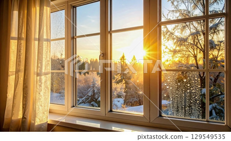 A window with a curtain and a view of trees and a sun. The sun is shining through the window, creating a warm and inviting atmosphere 129549535