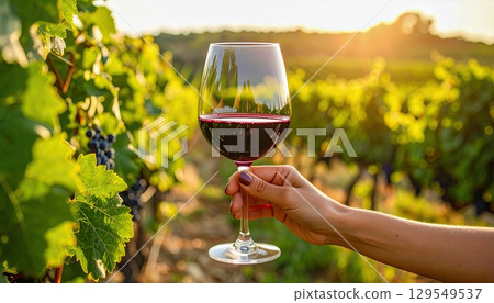 A person is holding a wine glass in a vineyard. The wine glass is filled with red wine. The vineyard is lush and green, with vines growing all around. Concept of relaxation and enjoyment 129549537