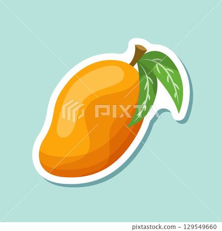 Fresh mango fruit sticker icon in flat style. Tropical plant vector illustration on isolated background. Healthy food sign business concept. 129549660