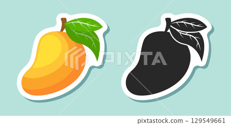 Fresh mango fruit sticker icon in flat style. Tropical plant vector illustration on isolated background. Healthy food sign business concept. 129549661