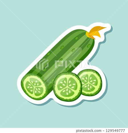 Cucumber vegetable sticker icon in flat style. Gherkin plant vector illustration on isolated background. Healthy food sign business concept. 129549777
