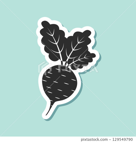 Beetroot vegetable with leaves sticker icon in flat style. Beet plant vector illustration on isolated background. Healthy food sign business concept. 129549790