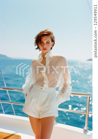 A woman is standing on a boat with her arms crossed and her hands in her pockets 129549911