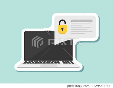 Laptop with account login sticker icon in flat style. Password form page vector illustration on isolated background. User authorization sign business concept. 129549947