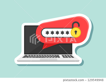 Laptop with account login sticker icon in flat style. Password form page vector illustration on isolated background. User authorization sign business concept. Laptop with account login sticker icon in flat style. Password form page vector illustration on isolated background. User authorization sign business concept. 129549948