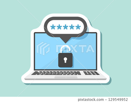 Laptop with account login sticker icon in flat style. Password form page vector illustration on isolated background. User authorization sign business concept. 129549952