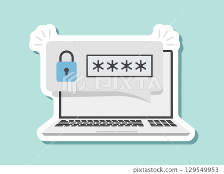 Laptop with account login sticker icon in flat style. Password form page vector illustration on isolated background. User authorization sign business concept. Laptop with account login sticker icon in flat style. Password form page vector illustration on isolated background. User authorization sign business concept. 129549953