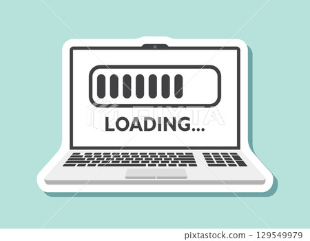 Laptop loading process sticker icon in flat style. Software update vector illustration on isolated background. Updating sign business concept. 129549979