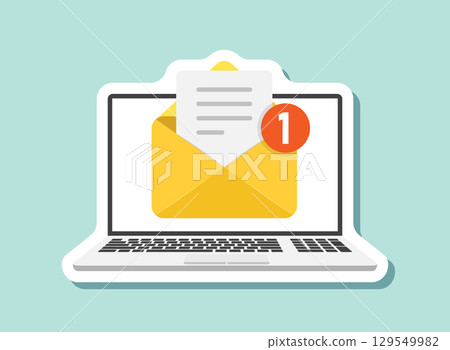 Laptop with envelope sticker icon in flat style. Computer vector illustration on isolated background. Email notification sign business concept. Laptop with envelope sticker icon in flat style. Computer vector illustration on isolated background. Email notification sign business concept. 129549982