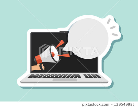 Laptop notification sticker icon in flat style. Computer vector illustration on isolated background. Megaphone reminder sign business concept. Laptop notification sticker icon in flat style. Computer vector illustration on isolated background. Megaphone reminder sign business concept. 129549985