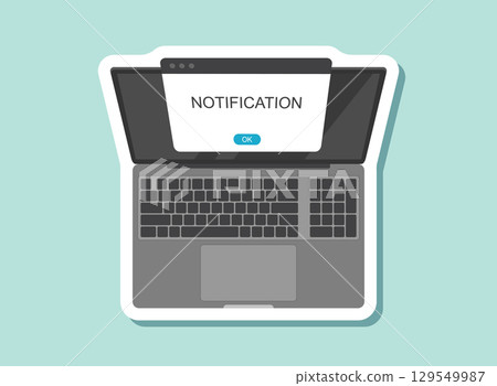 Laptop notification sticker icon in flat style. Computer vector illustration on isolated background. Reminder message sign business concept. 129549987