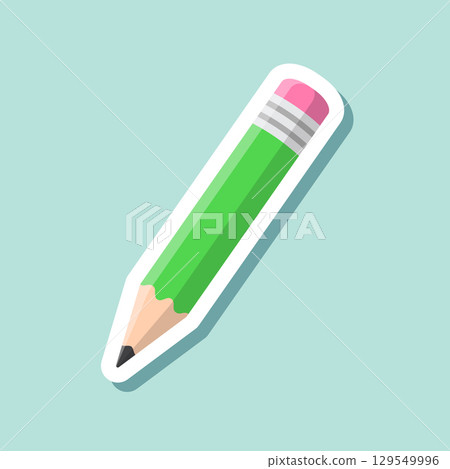 Pencil sticker icon in flat style. Office supplies vector illustration on isolated background. Writing sign business concept. 129549996