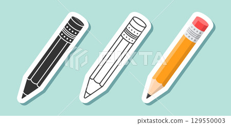 Pencil icon set sticker collection in flat style. Office supplies vector illustration on isolated background. Writing sign business concept. 129550003