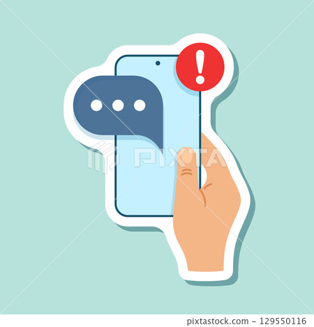 Hand holds phone with notifications sticker icon in flat style. Smartphone with new notice vector illustration on isolated background. Reminder message sign business concept. 129550116