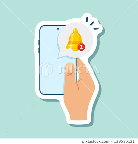 Hand holds phone with notifications sticker icon in flat style. Smartphone with new notice vector illustration on isolated background. Reminder message sign business concept. Hand holds phone with notifications sticker icon in flat style. Smartphone with new notice vector illustration on isolated background. Reminder message sign business concept. 129550121