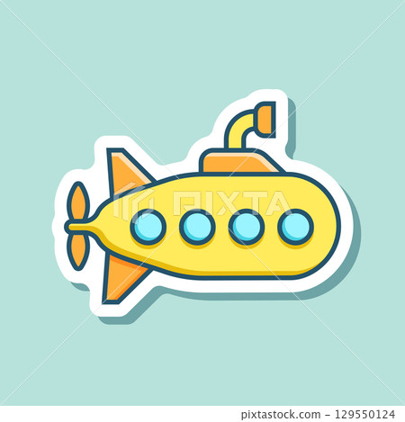Submarine sticker icon in flat style. Bathyscaphe vector illustration on isolated background. Underwater transport sign business concept. 129550124