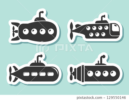 Submarine sticker icon set callection in flat style. Bathyscaphe vector illustration on isolated background. Underwater transport sign business concept. 129550146