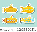 Submarine sticker icon set callection in flat style. Bathyscaphe vector illustration on isolated background. Underwater transport sign business concept. 129550151