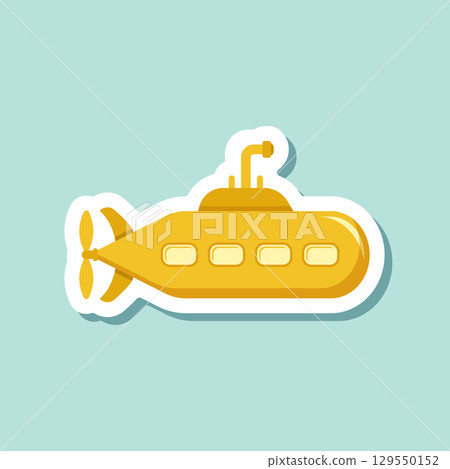 Submarine sticker icon in flat style. Bathyscaphe vector illustration on isolated background. Underwater transport sign business concept. 129550152