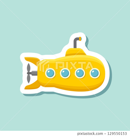 Submarine sticker icon in flat style. Bathyscaphe vector illustration on isolated background. Underwater transport sign business concept. Submarine sticker icon in flat style. Bathyscaphe vector illustration on isolated background. Underwater transport sign business concept. 129550153