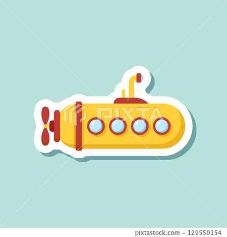 Submarine sticker icon in flat style. Bathyscaphe vector illustration on isolated background. Underwater transport sign business concept. Submarine sticker icon in flat style. Bathyscaphe vector illustration on isolated background. Underwater transport sign business concept. 129550154