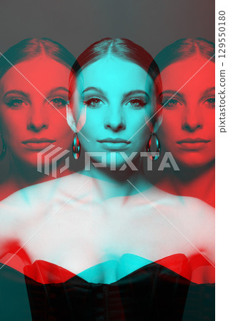 Beautiful woman portrait with classic hairstyle, naked shoulders, corset and round earring in RGB color split effect style 129550180